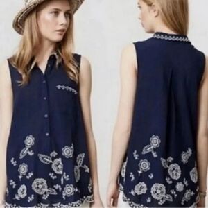 Anthropologie Moulinette Soeurs Navy Button Front Embroidered Blouse Top Size 2